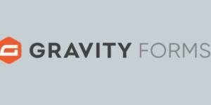 Image shown Gravity Forms plugin logo with bold text and orange icon on a light grey background.