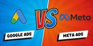 image shown Google Ads vs Meta Ads comparison graphic with logos on a split blue and red background."