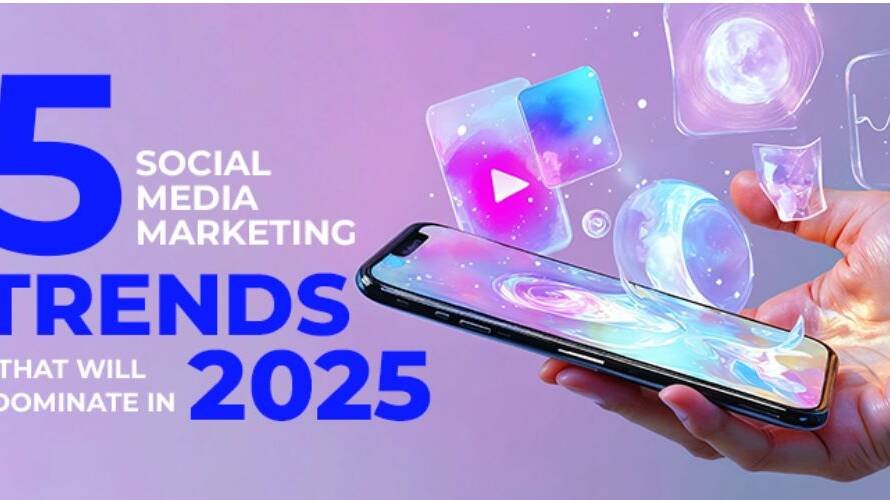 Image Shown The “Illustration of 5 social media marketing trends for 2025 with smartphone and digital icons”