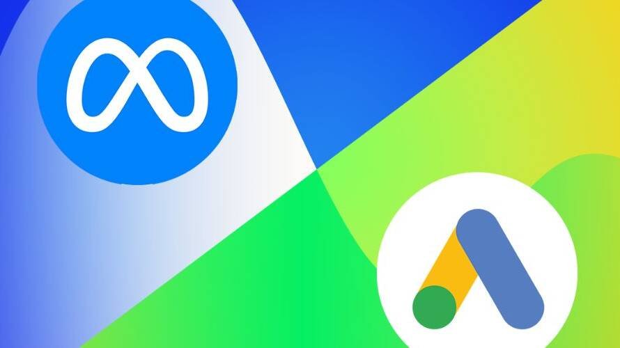 image shown of Logos of Meta Ads and Google Ads on a split gradient background