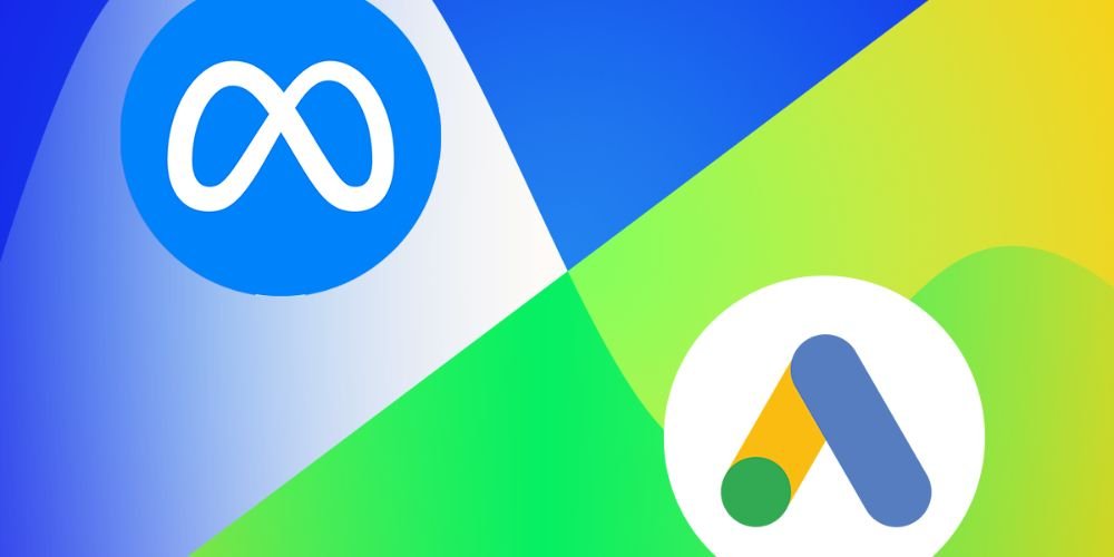 image shown of Logos of Meta Ads and Google Ads on a split gradient background