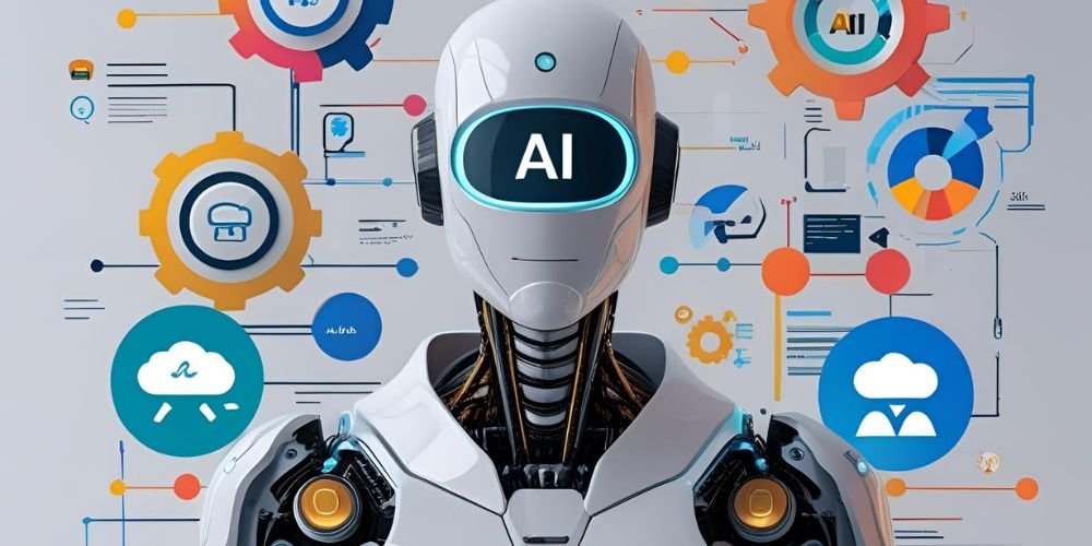 image shown AI robot with futuristic interface and digital marketing icons representing automation, cloud computing, data analytics, and artificial intelligence in technology.