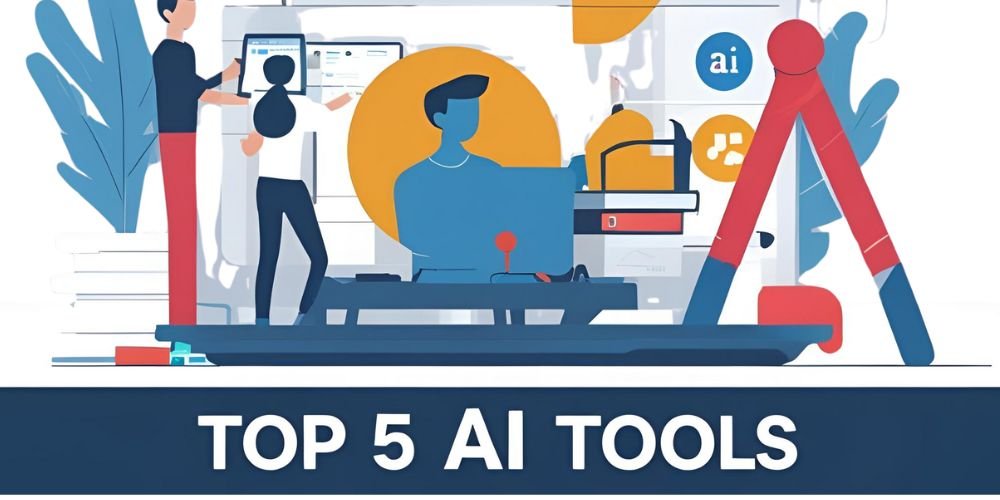 image shown Illustration of people using technology with icons of artificial intelligence, analytics, and digital tools, featuring text Top 5 AI Tools.